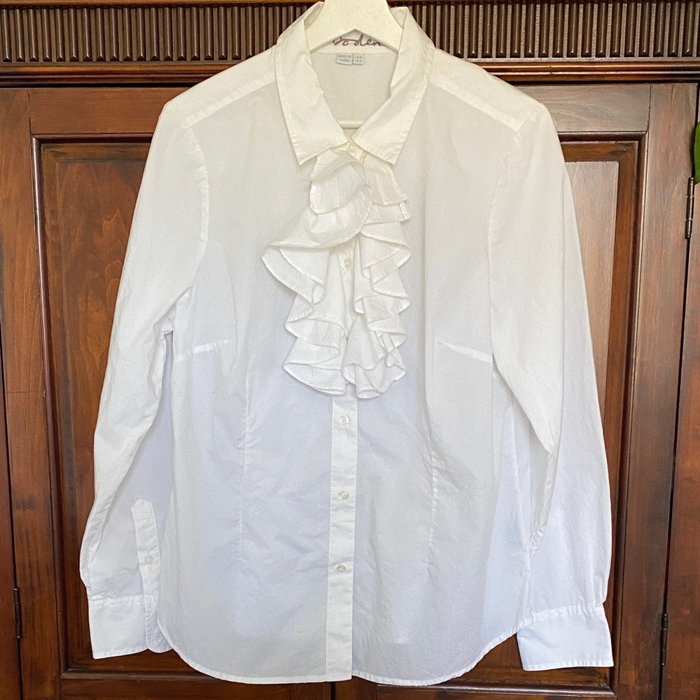 Boden 100% Cotton Double Ruffle Front Shirt Blouse button jabot crisp white 12